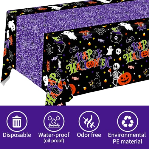Image of 2 Pack Halloween Tablecloth, 54 x 108 Inch Disposable Plastic Table Cover, Purple Halloween Party Decorations for Halloween Decor Party Supplies