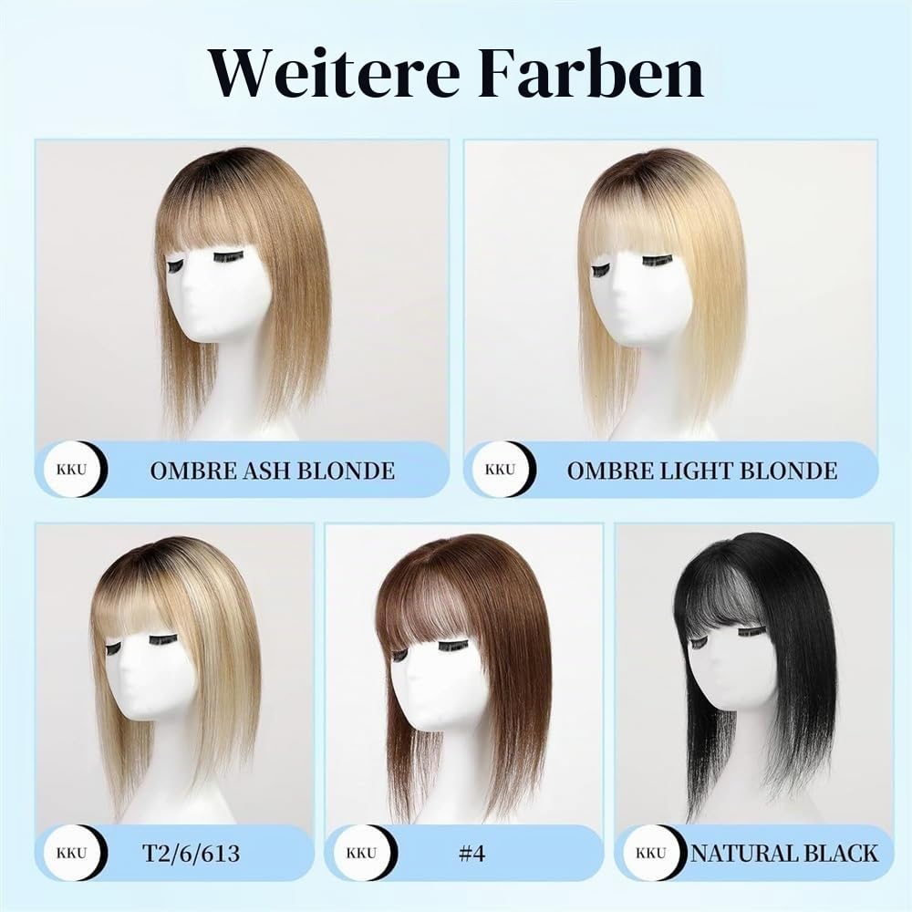 Haaraufsätze für Damen 12-Zoll-Topper aus Echthaar mit Pony, 10 × 12 cm, Topper mit Spitzenbasis, Haarteile, gerader Clip-in-Topper aus Echthaar for Frauen mit dünner werdendem Haar/Haarausfall Haar-T