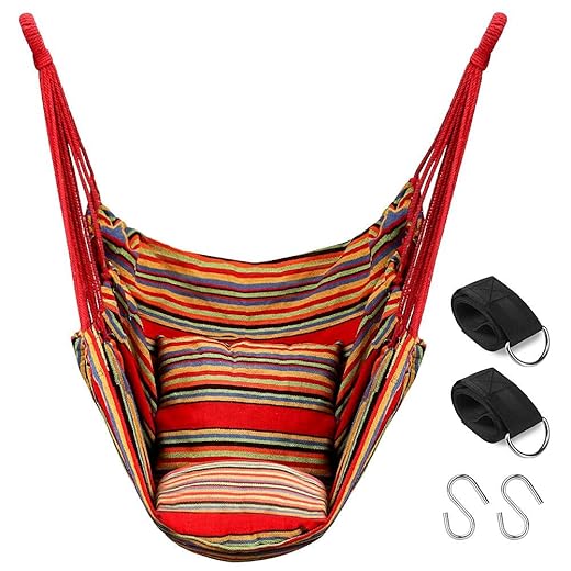 QF Hammock Chair Swing Hanging Hammock Chair - 2 Cushions Include - MAX 330lbs - Hammock Swing Seat Cotton for Patio, Porch, Bedroom, Backyard, Indoor or Outdoor (Rainbow)