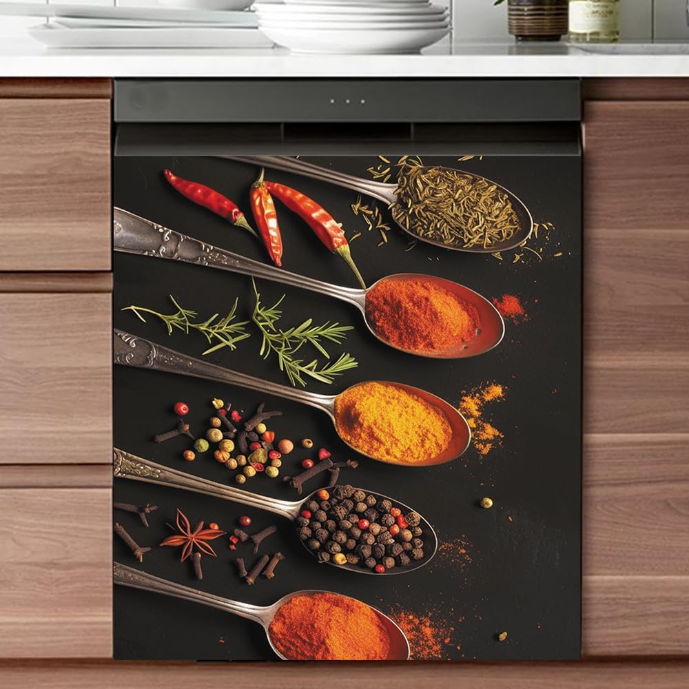 Colorful Cooking Herbs Spices Painting Dishwasher Cover Decorative Magnet Sticker for The Front Door Magnetic Panel Decals for Home Decor Appliance Kitchen Cabinets Decoration 23x26