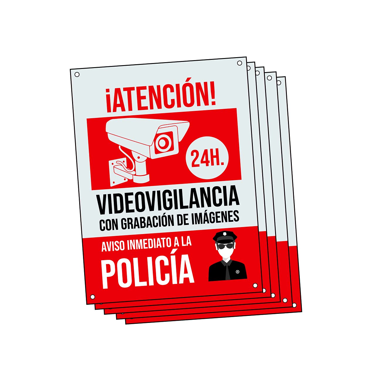 Cartel videovigilancia - Placa alarma conectada - Carteles zona videovigilada - Aviso a la Policía 20x15 cm Rojo Interior/Exterior (5 Piezas Cartel videovigilancia)