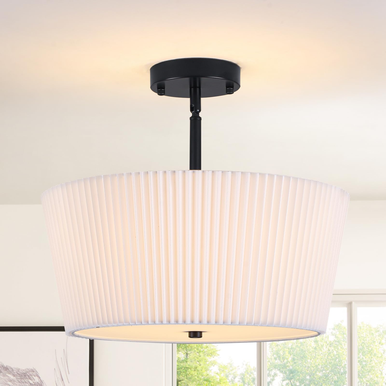 3 Flammig Deckenleuchte mit Stoffschirm Schwarz Trommelleuchte Ø40 cm 40W | Hochwertige Metalle,Moderne Rund Deckenlampe,E27 Fassung,Dimmbar,Weiße Stoff Lampenschirm für Schlafzimmer, Flur, Eingang