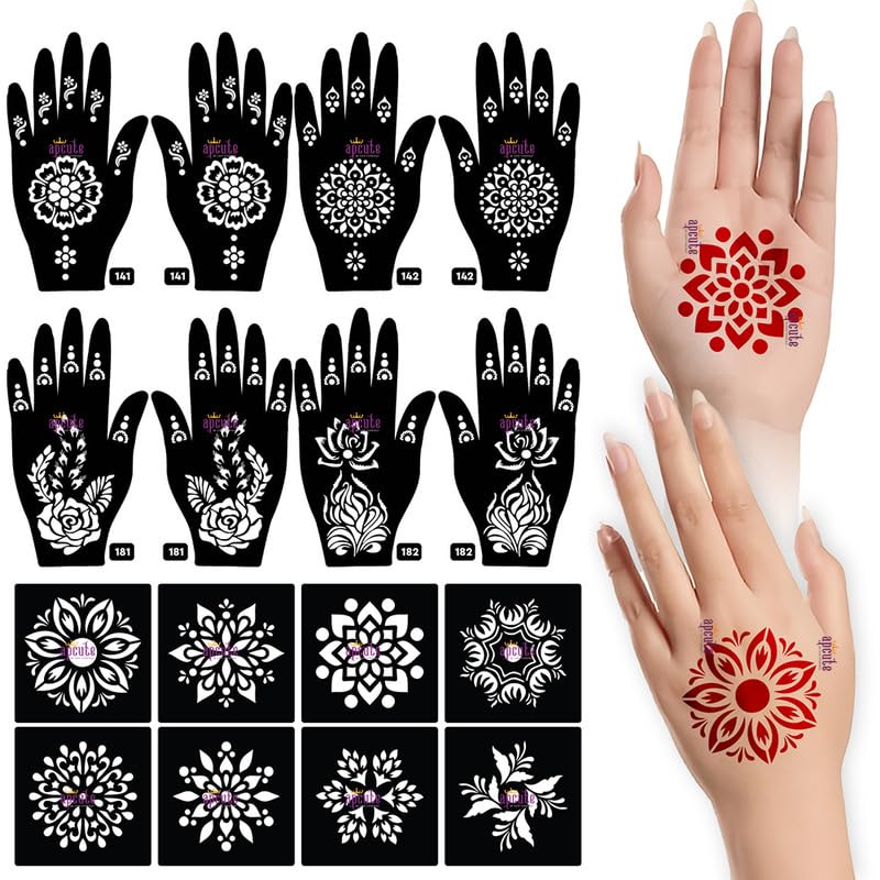 18pc Combo Pack Mehandi Stencil Sticker, Mehendi Stencil Reusable, Tatoo Heena Mehndi Design Sticker for Women, Girls and Kids, Quick and Easy to use - 18PC-141-142-181-182