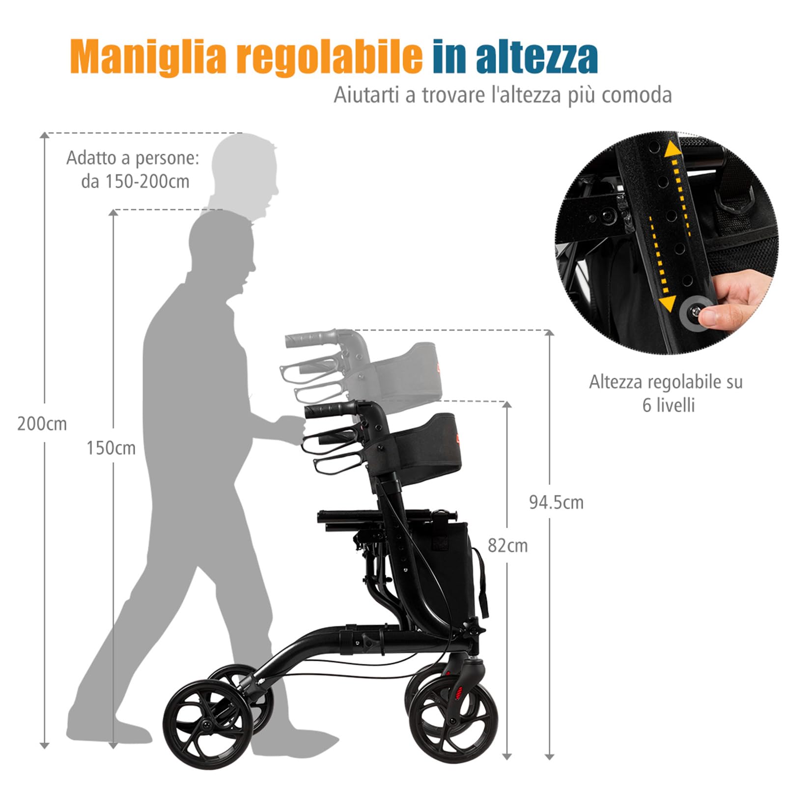 COSTWAY Deambulatore Pieghevole per Anziani Ultraleggero, con Sedile Borsa da Spesa e 4 Ruote Freno a Mano, Rollator Altezza Regolabile, Capacità 136kg, Lega di Alluminio, Nero (Nero)