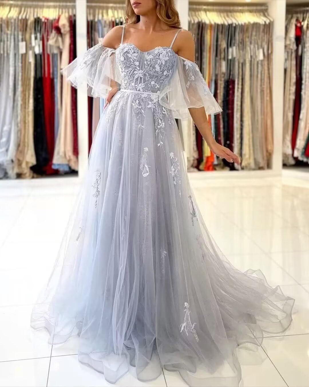 YUAOHUANG Lace Applique Tulle Prom Dresses Off Shoulder Puffy Sleeve Wedding Dress Long Women Sweetheart A Line Gowns