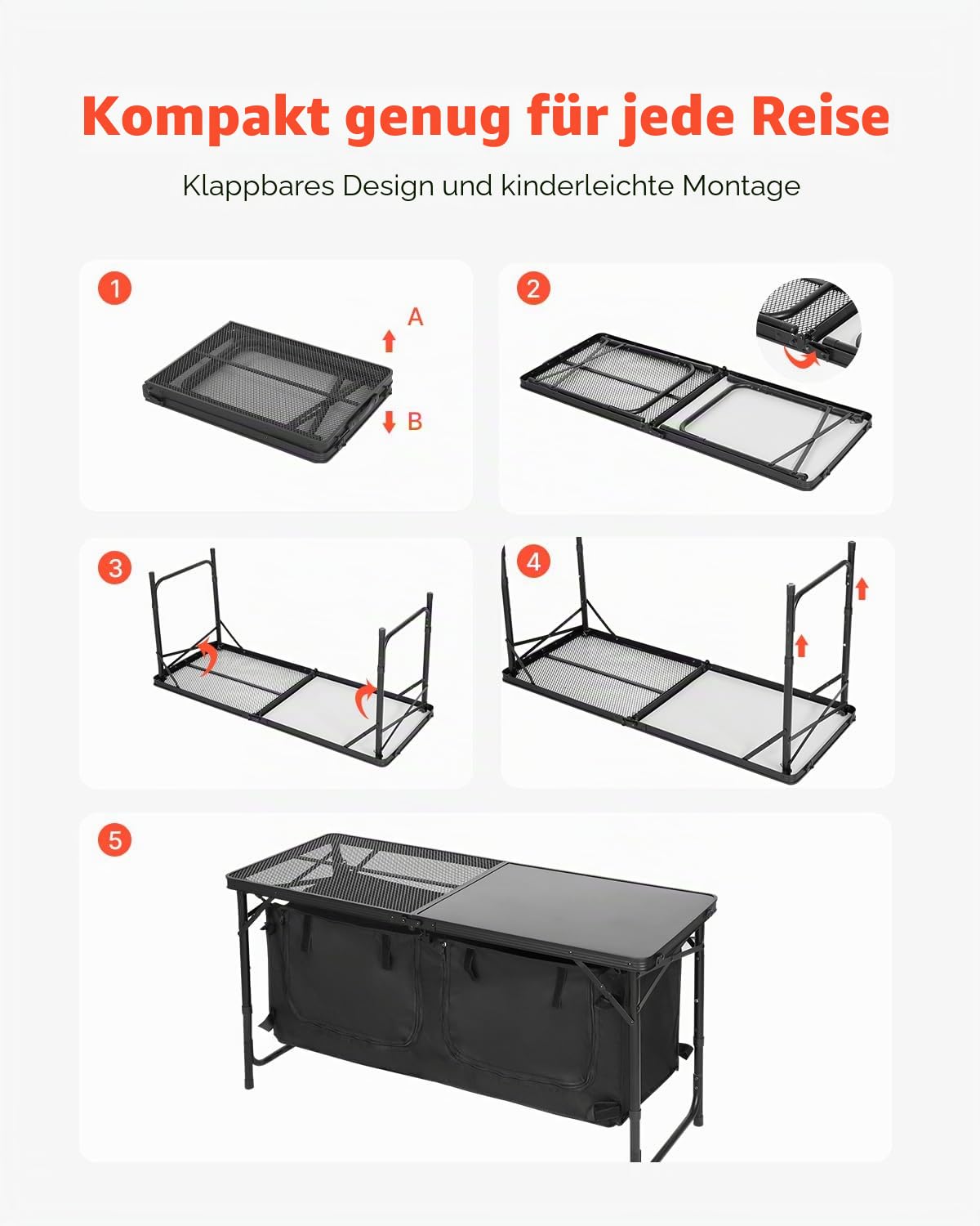 VEVOR Camping Küchentisch klappbarer Kochtisch Outdoor, 3-Fach höhenverstellbar, Aluminium, Organizer, Tragegriff, Schwarz