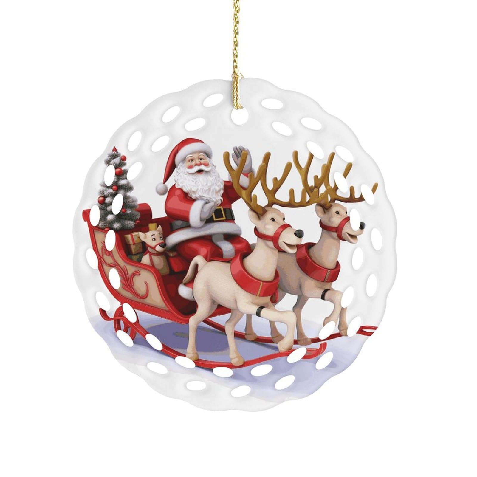 Santa Claus Reindeer Sled Christmas Ornament Holiday Hanging Decoration Xmas Tree Keepsake Personalized Xmas Tree Ornament Round Ceramic Ornaments for Keepsake Gifts Ideas Home Decor