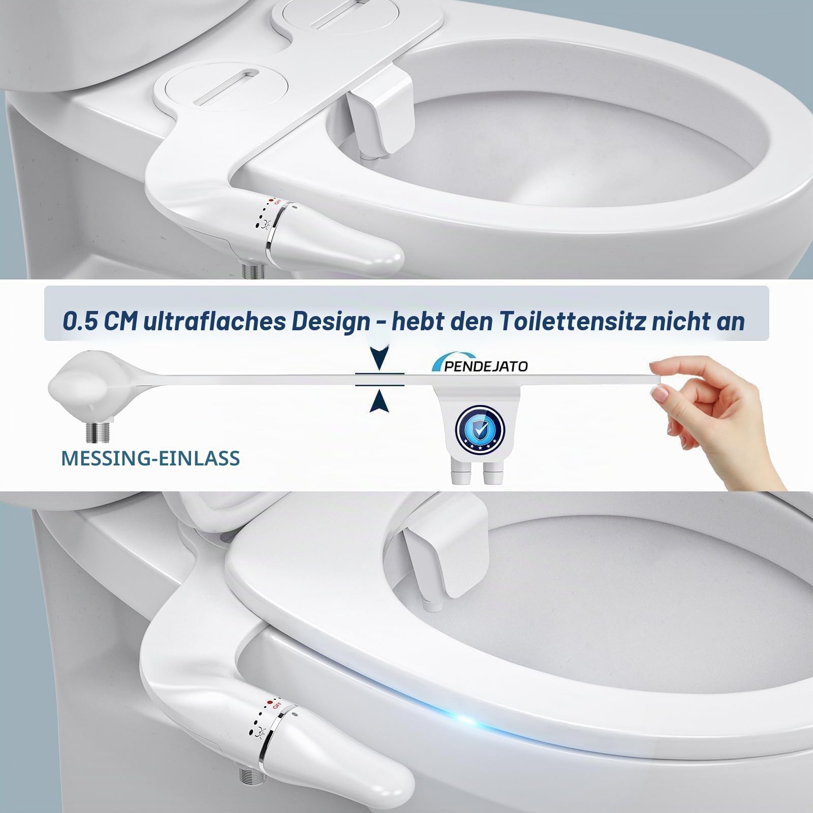 Ultradünnes Bidet Aufsatz Für Toilette, Anti-Verstopfungs-Design, Drehstab Ergonomischem Griff Für Einstellbaren Wasserdruck, Messingeinlass Und Anschlusskit Aus Edelstahl, Po-Dusche（Weiß）