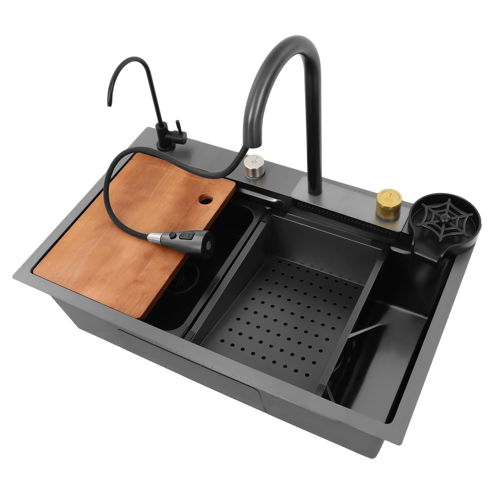 Wasserfall Spüle Küche mit 4 Wasserauslassmod Multifunktionale Haushaltsspüle Set Edelstahl Spülbecken mit Ausziehhahn (75 * 45 * 21cm)