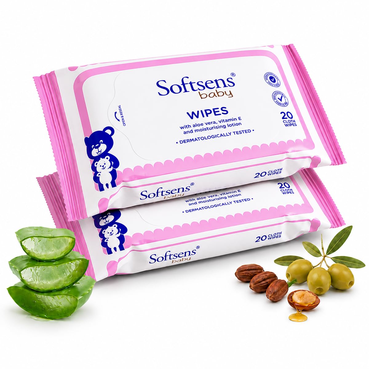 Softsens Baby Gentle Cloth Wipes for Baby Skin Enriched with Aloe Vera & Vitamin E I Dermatologically Tested & Parben Free with Lid - 20 wipes (Pack of 2)-image-42