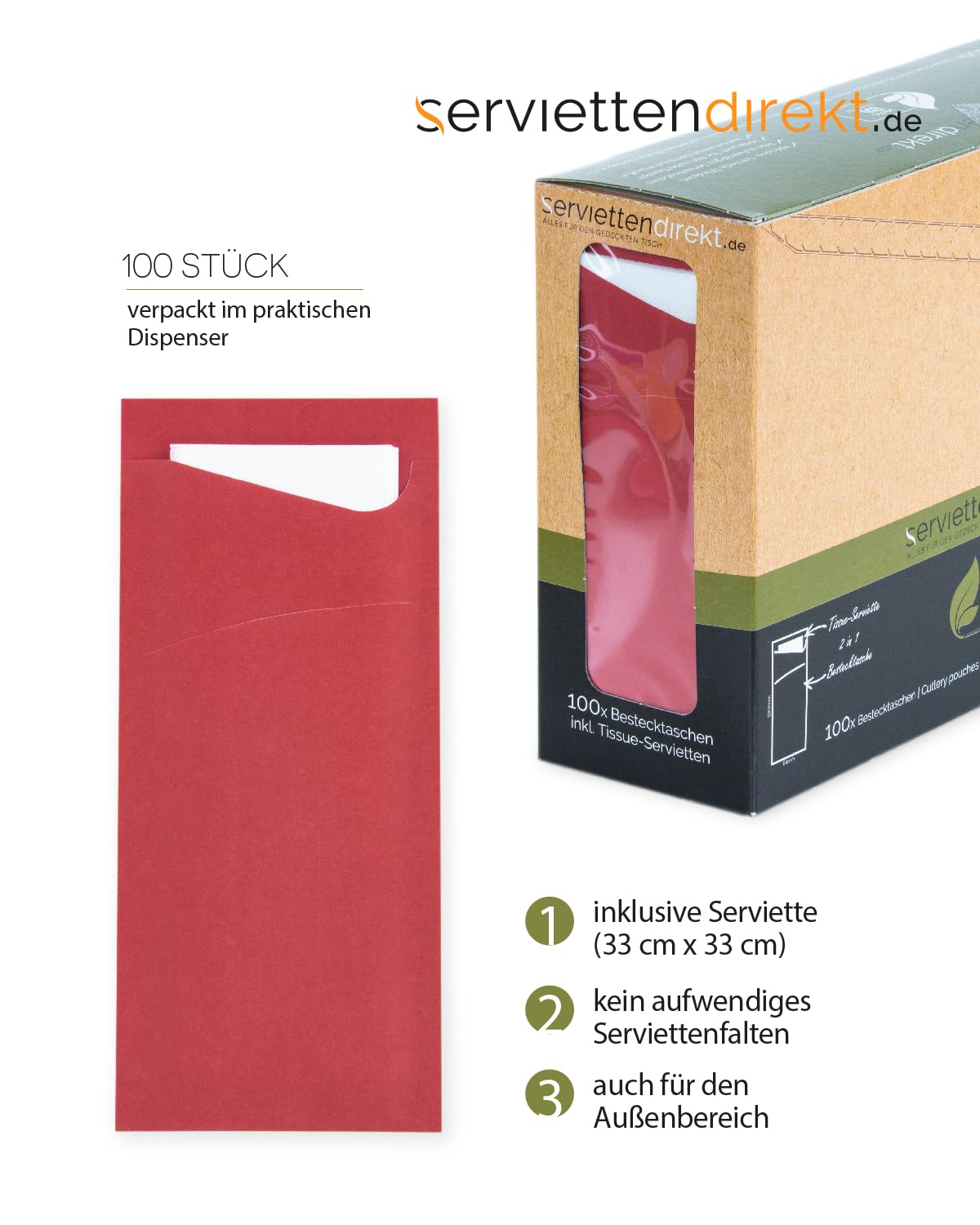 PRIME GUEST Bestecktasche Prime Fit 85x190mm Bestecktaschen mit Serviette in Weiß Serviettentasche ideal für Gastronomie und Feiern (Rot, 100 Stück)