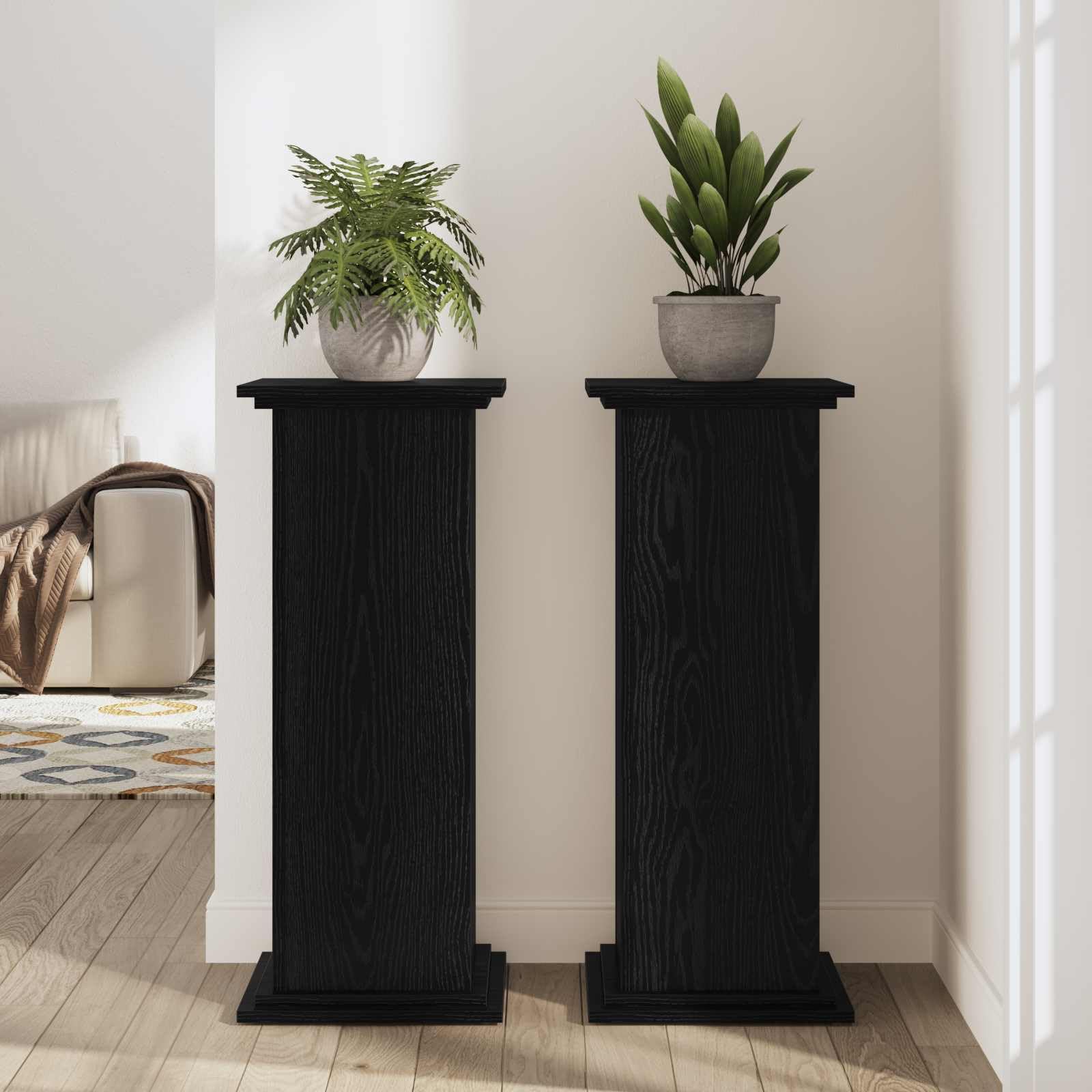 Soporte para plantas con aspecto de roble negro, 33 x 33 x 100 cm, resistente a la intemperie, material de madera, interior y exterior, versátil para balcón, terraza, jardín, salón