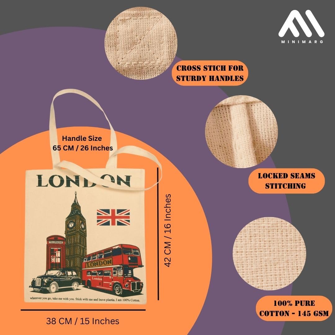 MINIMARG Printed 100% Cotton Tote Bag Souvenir for Presents, Natural, L - Image 2