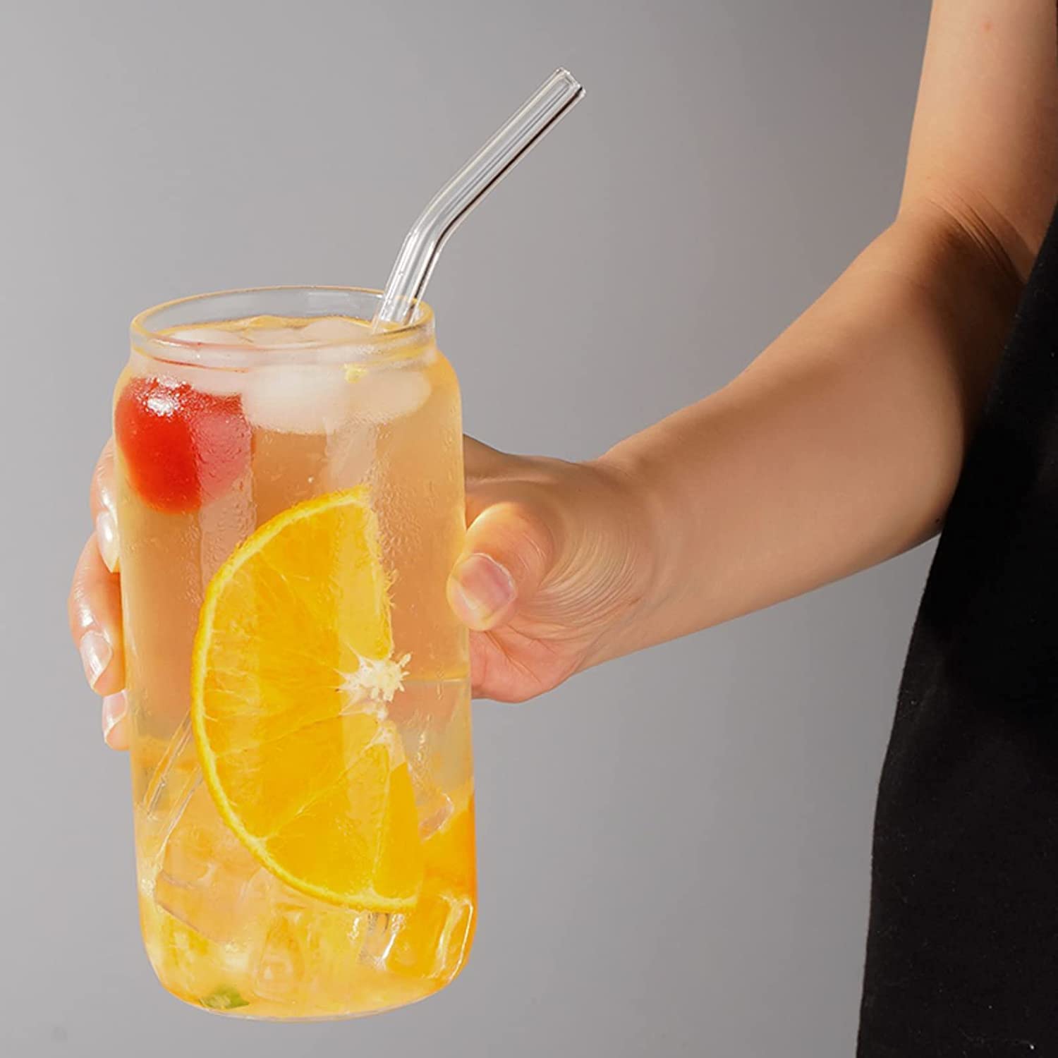 KiKiluxxa Round Glass Milk Fruit Juice Sipper Tumbler Mug with Glass Straw Cup for Kids - 540ml - Pack of 1 - Beer and Soda/Tea/Coffee Can Sipper Wtih Lid and Straw (Round Transparent)