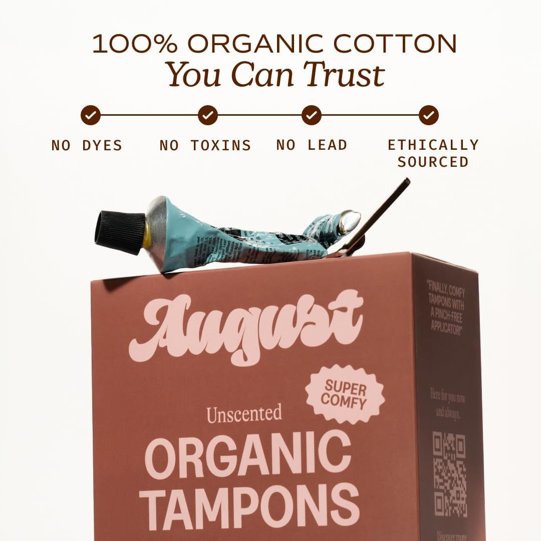August Organic Cotton Tampons, 96 Super Tampons Made with Organic Cotton, Long Applicators, Non-Toxic, Fragrance-Free, Chlorine-Free, and Hypoallergenic (6 Boxes of 16/12 Boxes of 8)