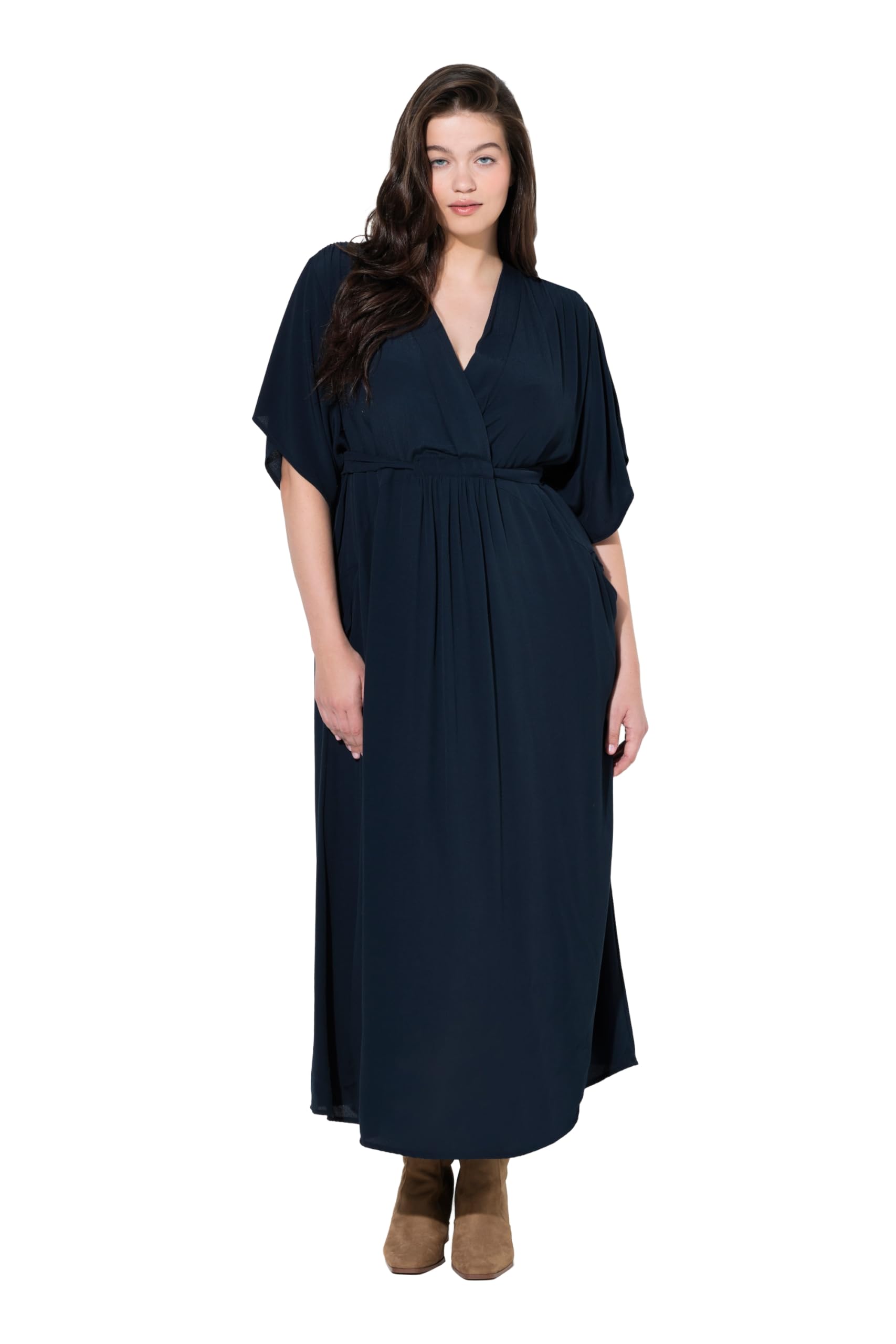 Ulla Popken Damen große Größen Übergrößen Plus Size Maxi-Blusenkleid, Wickeloptik, V-Ausschnitt, Halbarm 847526