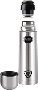 Cello Lifestyle Stainless Steel Vacuum Insulated Flask with Push-Down Lid | Leak Proof | Double Walled Silver Bottle for Home, Office, Travel 17oz, Silver