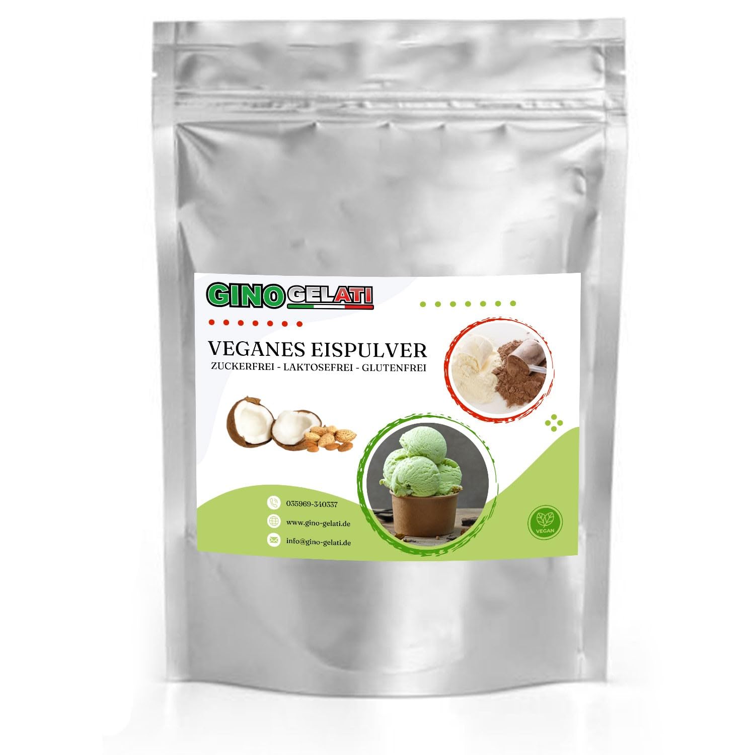 Gino Gelati Kokosmilch Mandel Veganes Eis Pulver 10 Kg Zucker-, laktosefrei, schnelle und einfache Zubereitung, Made in Germany, Herstellung mit oder ohne Eismaschine