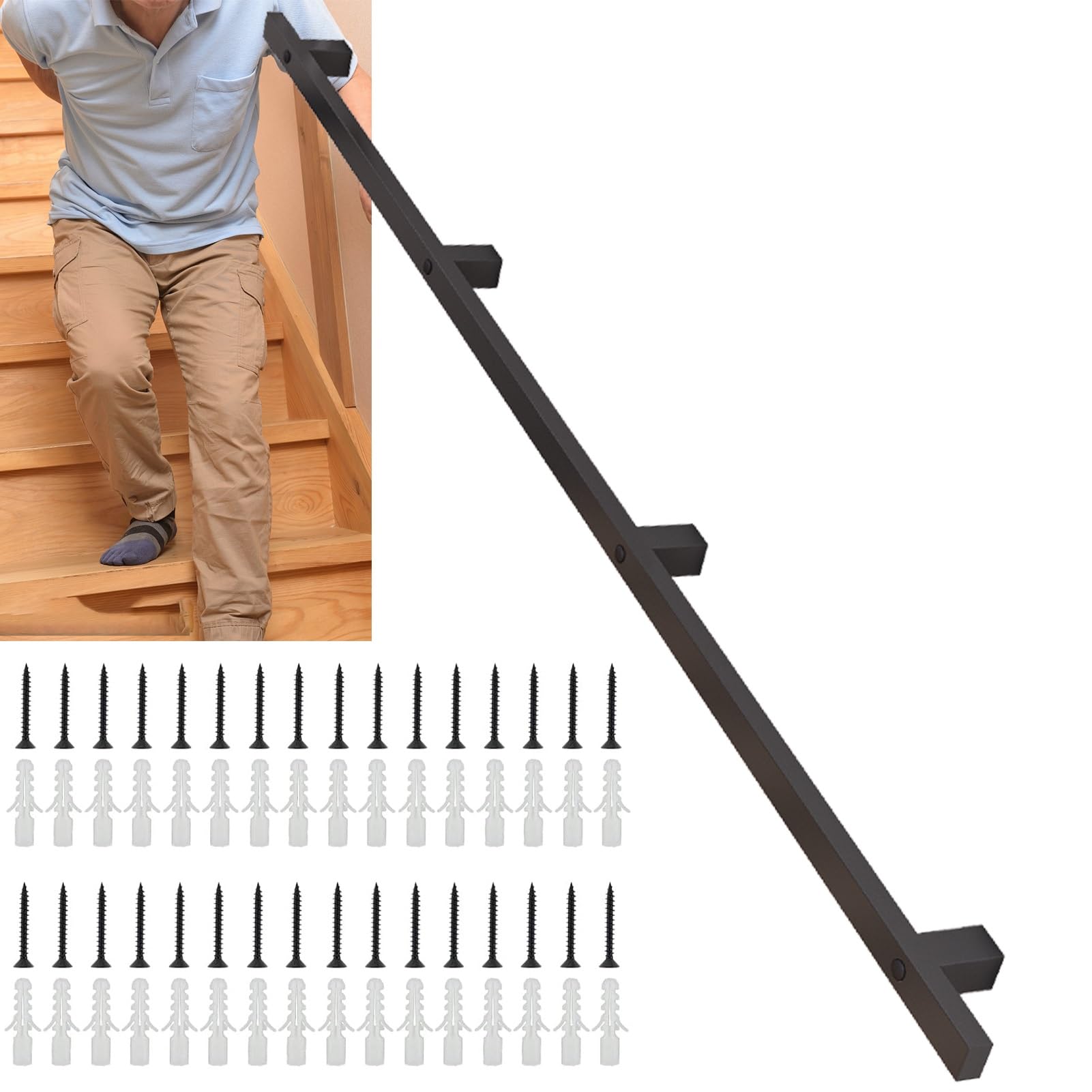 Fkxsxaz Black Stair Handrails Interior Stairs Railing Support Kit With Fittings Brackets 1M 1.5M 2M 2.5M 3.6M 4M Square Pipe Banister Rail Industrial Iron Non-Slip Staircase Grab Bar(7Ft