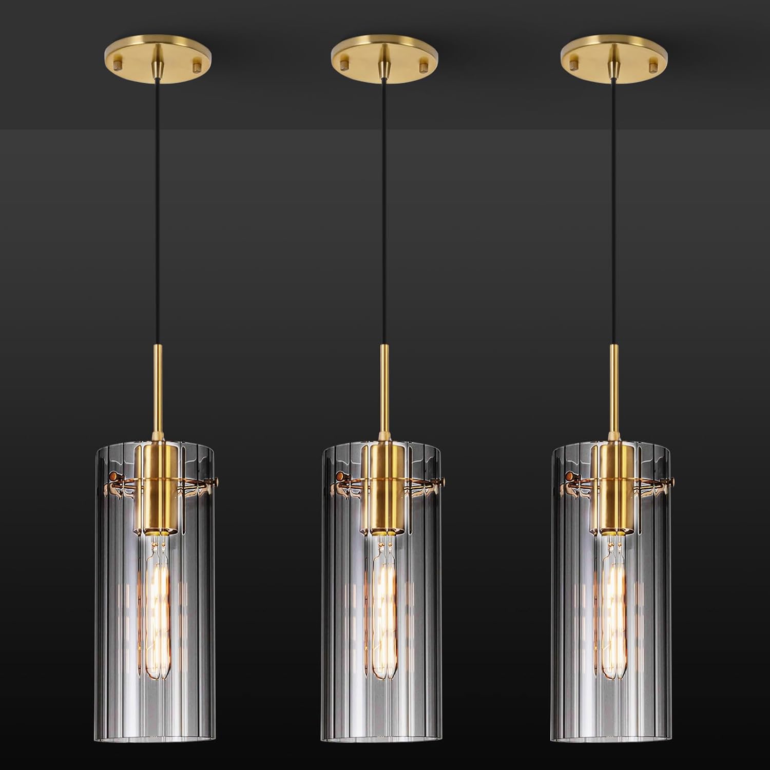 Gold Pendant Light Fixtures, 3 Pack Modern Pendant Lighting with Clear Striped Glass Shade, Hanging Pendant Lights Kitchen Island, Farmhouse Pendant Lighting for Dining Room Bedroom Bathroom 3 PACK-Gold