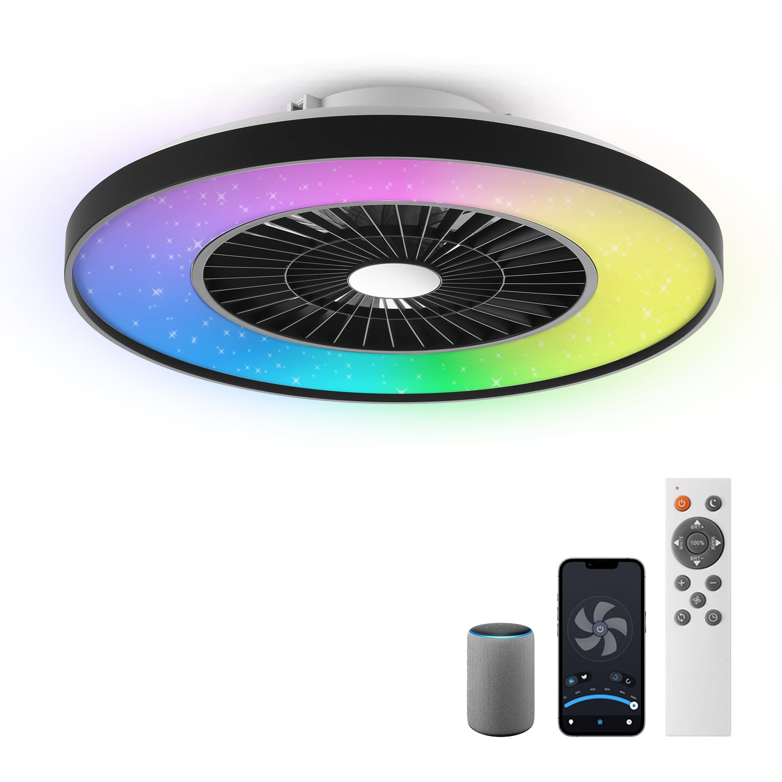 BKZO moderne RGB-LED-Deckenleuchte mit Ventilator Ø 60cm, RGB Deckenventilator mit Lampe, Stufenlos Lüftungsgeschwindigkeiten, mühelose Lichtdimmung, 3000-5500 K, Schwarz, 60CM
