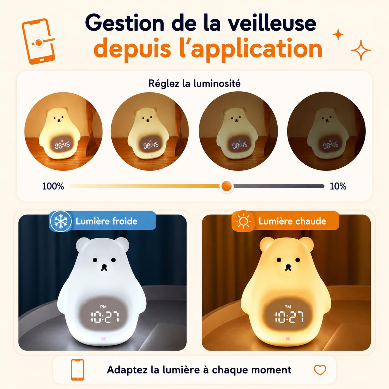 Kinderwecker Tag / Nacht mit LED-Nachtlicht – Steuerung über App iOS/Android – Lernwecker und beleuchtet – wiederaufladbar – Schlaf lernen – Mädchen & Jungen