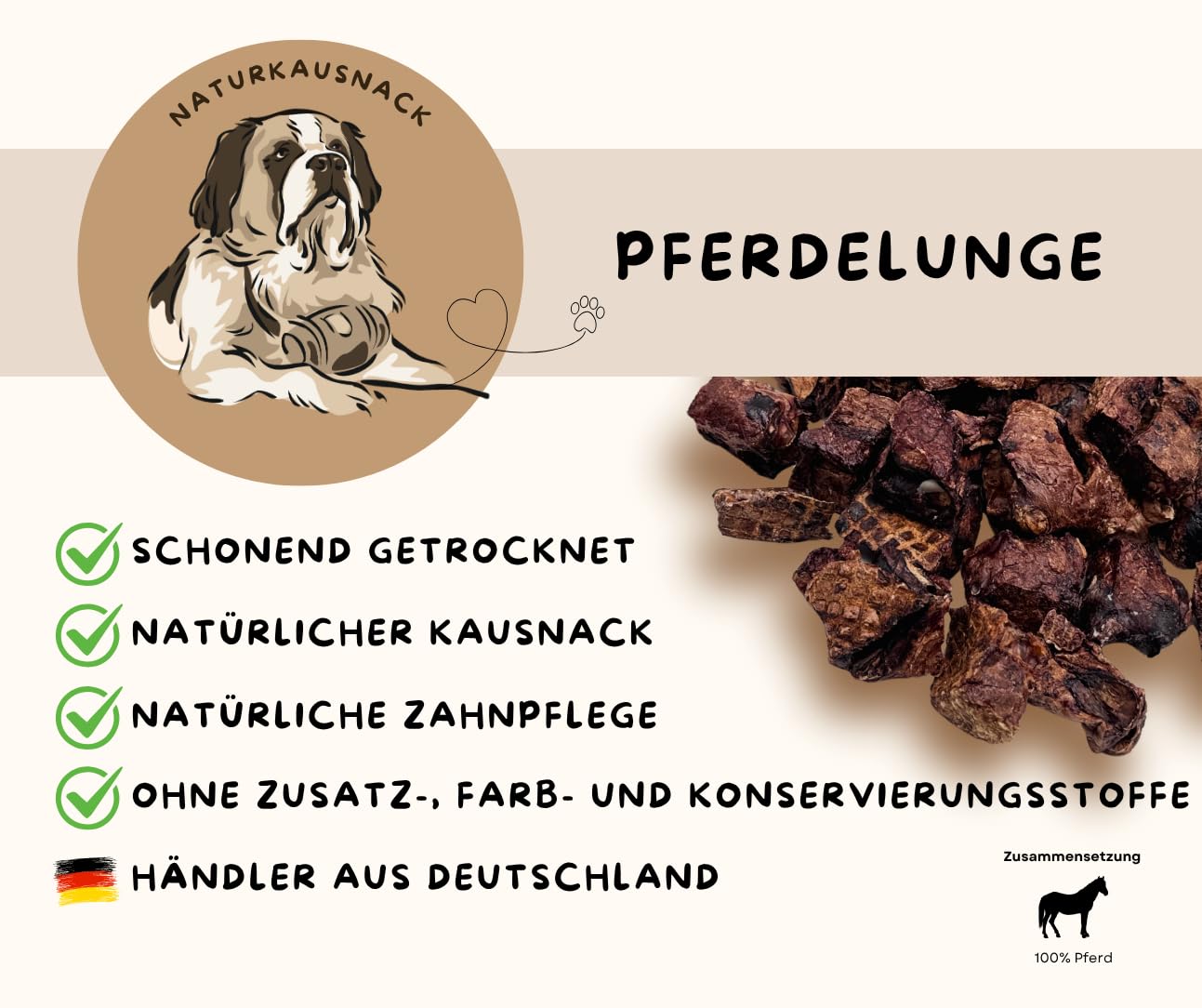 Warnick's Hundesnack Pferdelunge getrocknet als Leckerli - 2 kg | Naturkausnack für Hunde aus 100% Pferd - Mager & hypoallergen - Luftgetrocknet ohne Zusätze - Für sensible Hunde