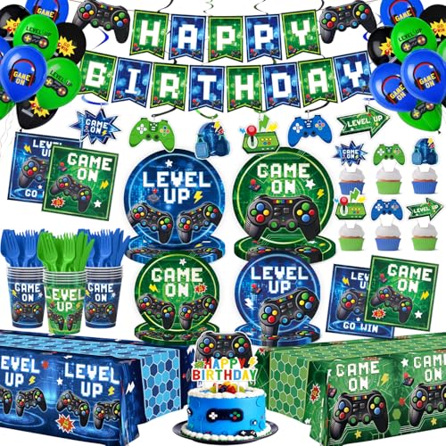 196 Pcs Video Game Party Decorations (Serves 24) gaming party decorations Include Banner Hanging Plates Napkins Cups Forks Knifes Tablecloth Topper Balloons for Boy Party