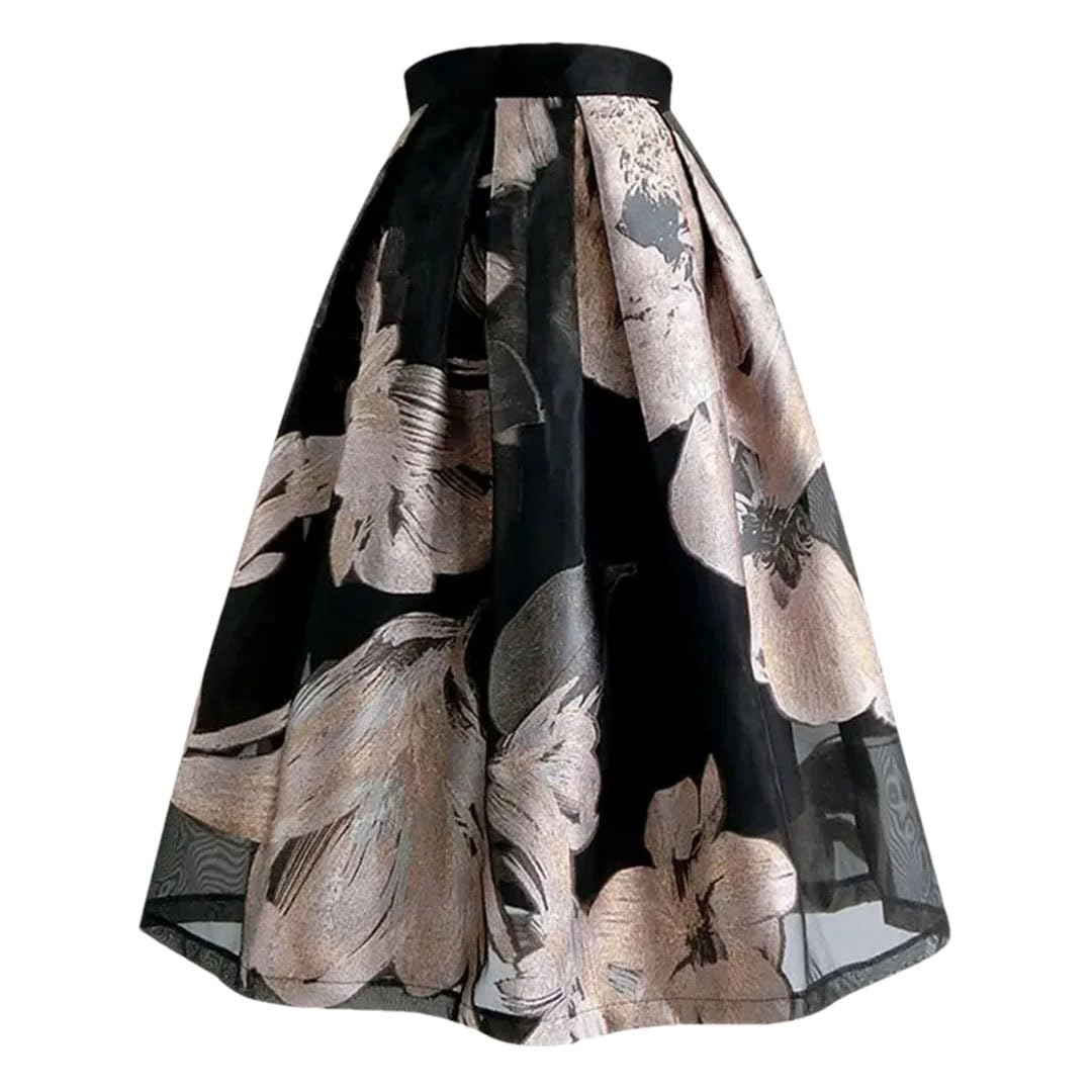 Pulcykp Verano Mujeres Floral Plisado Medio Largo Falda Cintura Alta Una Palabra Moda Retro Jacquard Falda