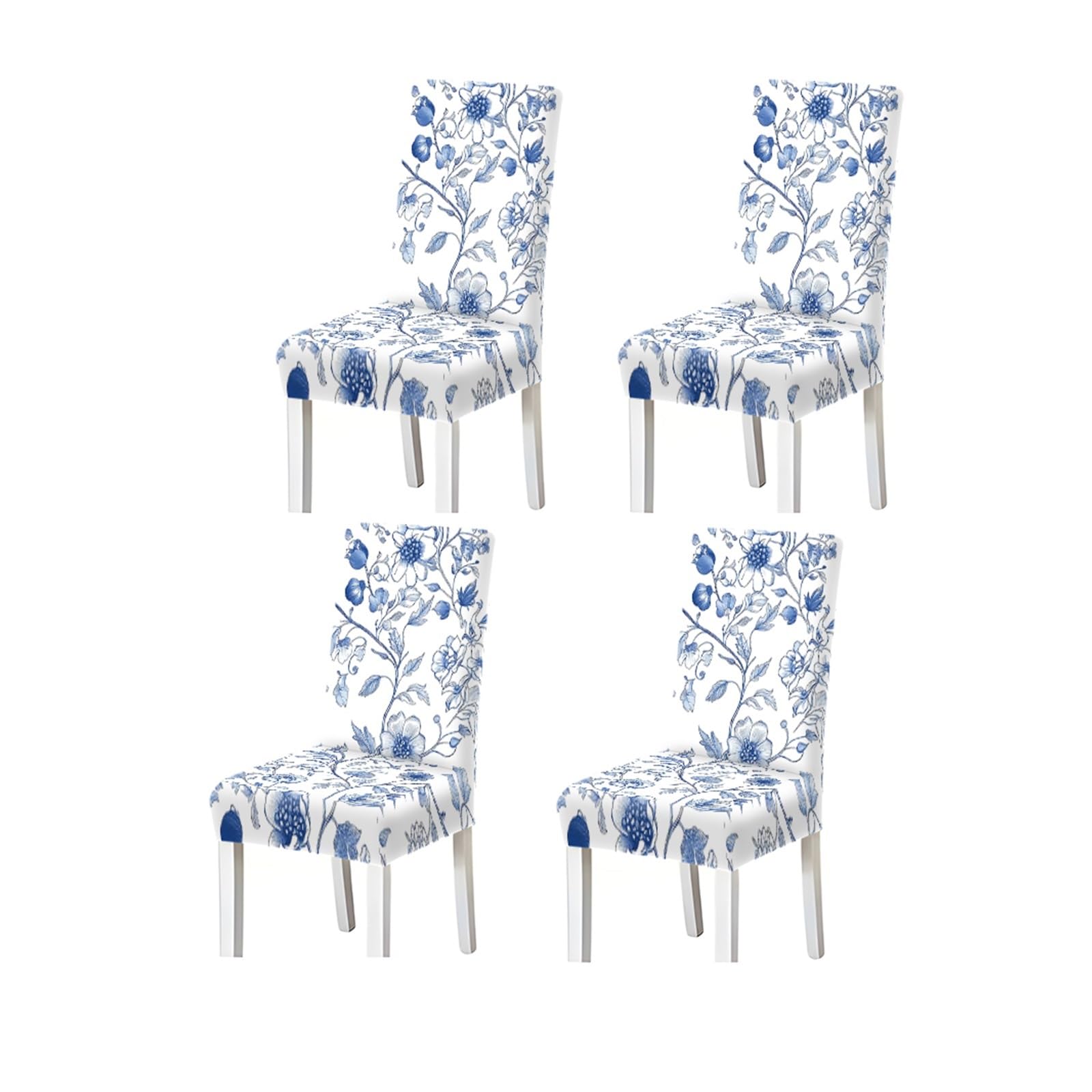 FZJKGH Blue White Floral Chair Covers Set Of 2/4/6, Stretch Dining Chair Slipcovers, Toile Chinoiserie Farmhouse Decor Removable Stretch Slipcovers for Dining Chairs(4PCSChair cover)