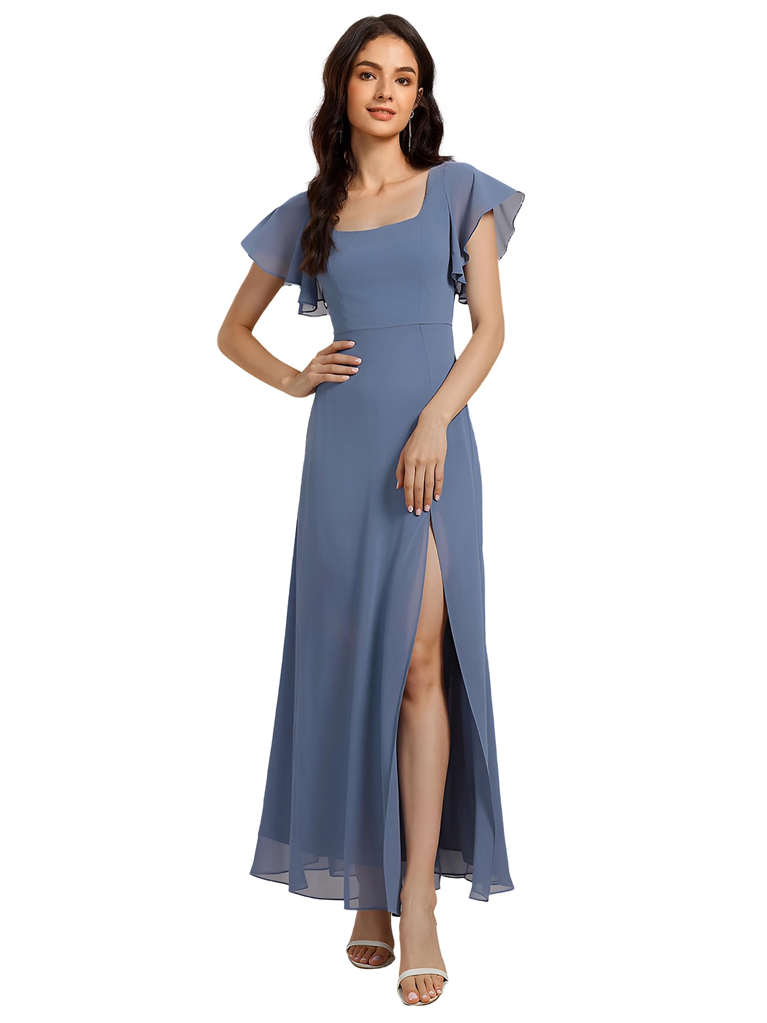 Women's Chiffon Square Neck Lotus Sleeve Slit Floor Length Bridesmaid Dress EE02409