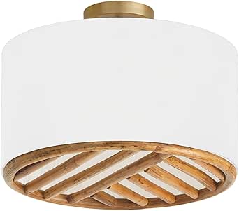 Capital Lighting 247431MA Soleil Modern Hand-Arranged Natural Bamboo and White Fabric Drum Convertible Pendant/Semi Flush, 3-Light 180 Total Watts, 14" H x 17" W, Matte Brass
