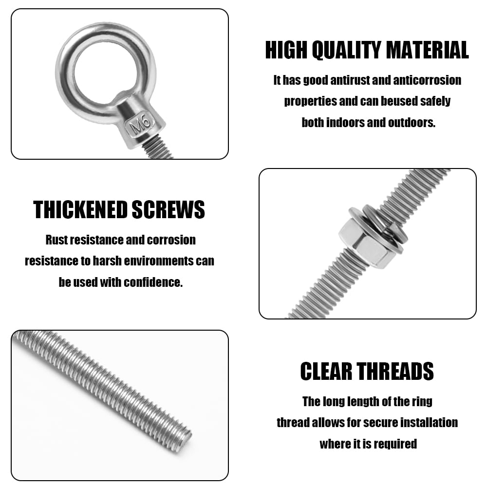 12 Pezzi Golfari Bullone a Occhiello M6 Bullone per Sollevamento in Acciaio Inox 304 Bullone ad Anello Vite a Occhiello Inox per Fissaggio e Sospensione, con Controdadi e Rondelle (M6 X 60 mm)