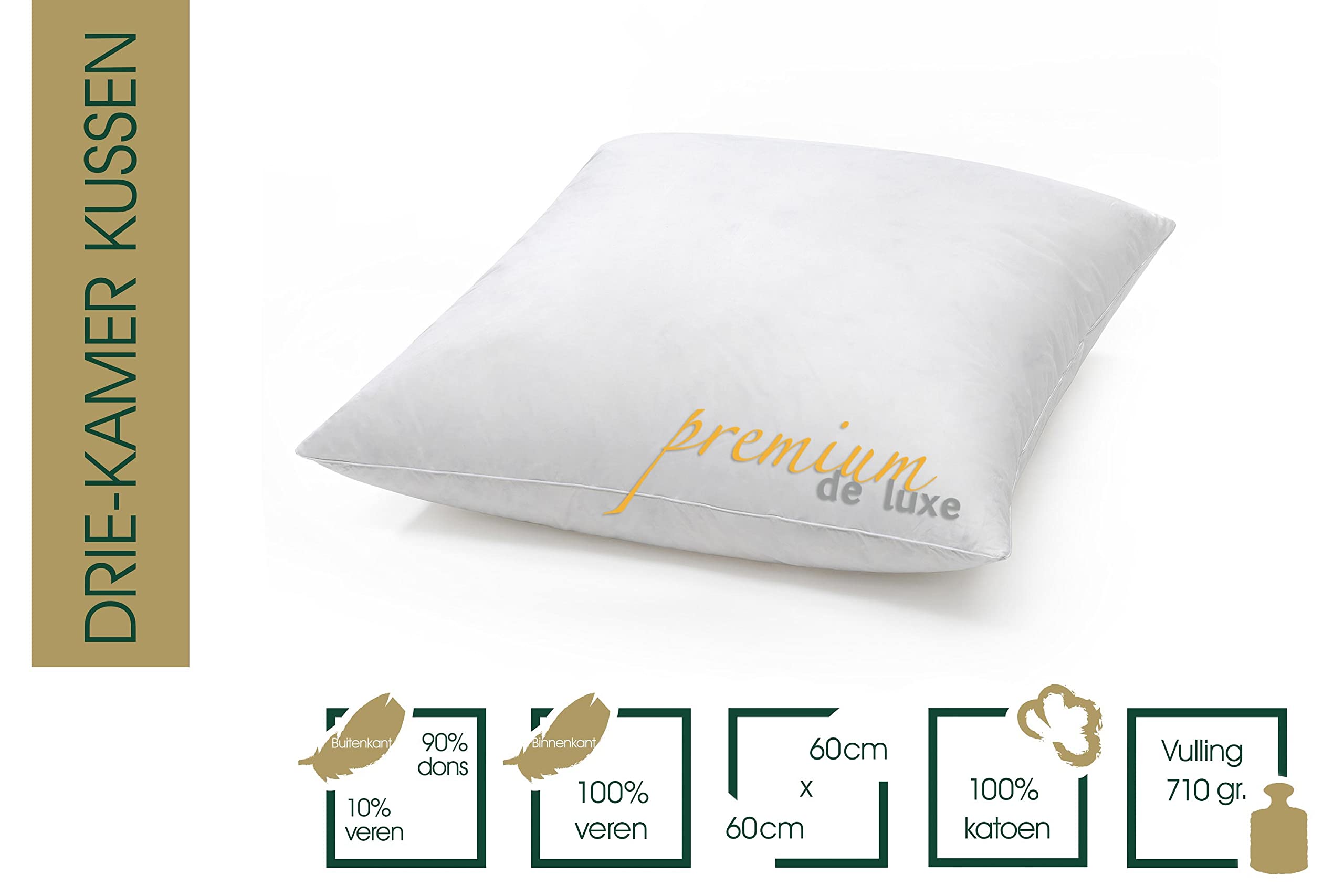 HANSKRUCHEN® Premium de Luxe Dons driekamerkussen 100% katoen voor mensen met een allergie Made in Germany 60 x 70 cm