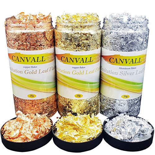Canvall Gilding Flakes 60g, Gold Silver Copper Colours Metallic Foil Flakes for Nails, Crafts, Slime and Resin Jewelry Making, Painting Arts and Home Decoration, 20g/Jar X 3 Bottles