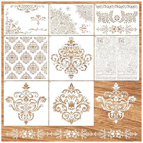 Large Damask Stencils for Walls Drawing Corner Border Stencil Reusable Layering Wall Stencils for Painting on Wood Furniture Patterns DIY Craft Canvas Fabric Decoration(demask)