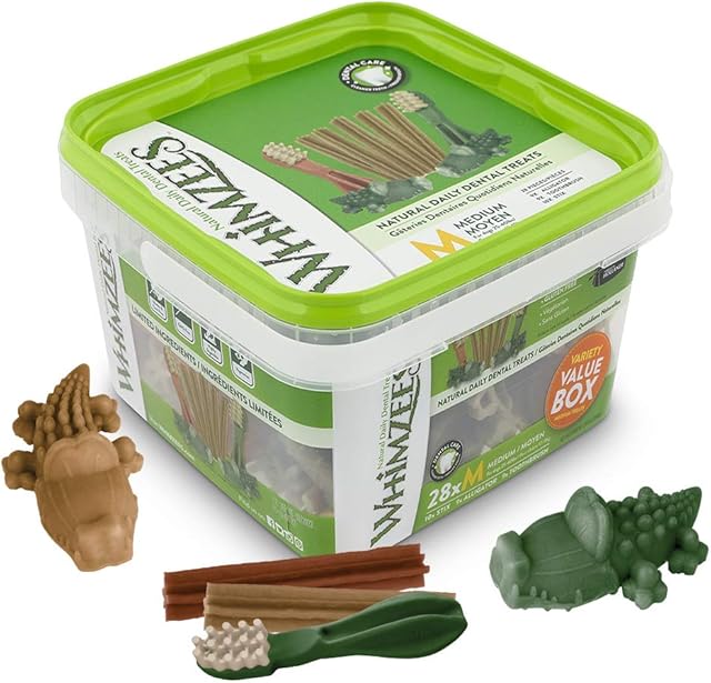 WHIMZEES Variety Box Mixed Shapes, Natural and Grain Free Dog Chews, Dog Dental Sticks for Medium Breeds, 28 Pieces, Size M