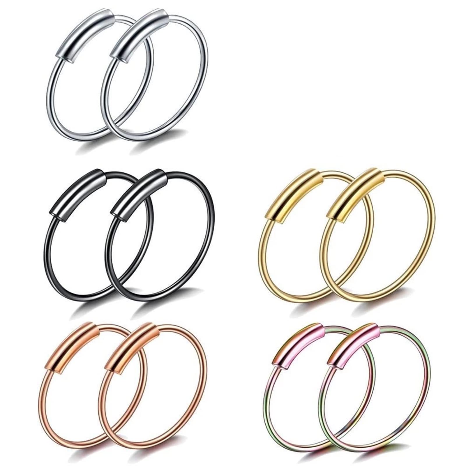 WBDWWTD Anello da Naso in Acciaio Chirurgico 22G, Confezione di Anelli da Naso da 10 Pezzi Orecchini Piercing per Donna Cerchio Semplice 6/8/10 mm