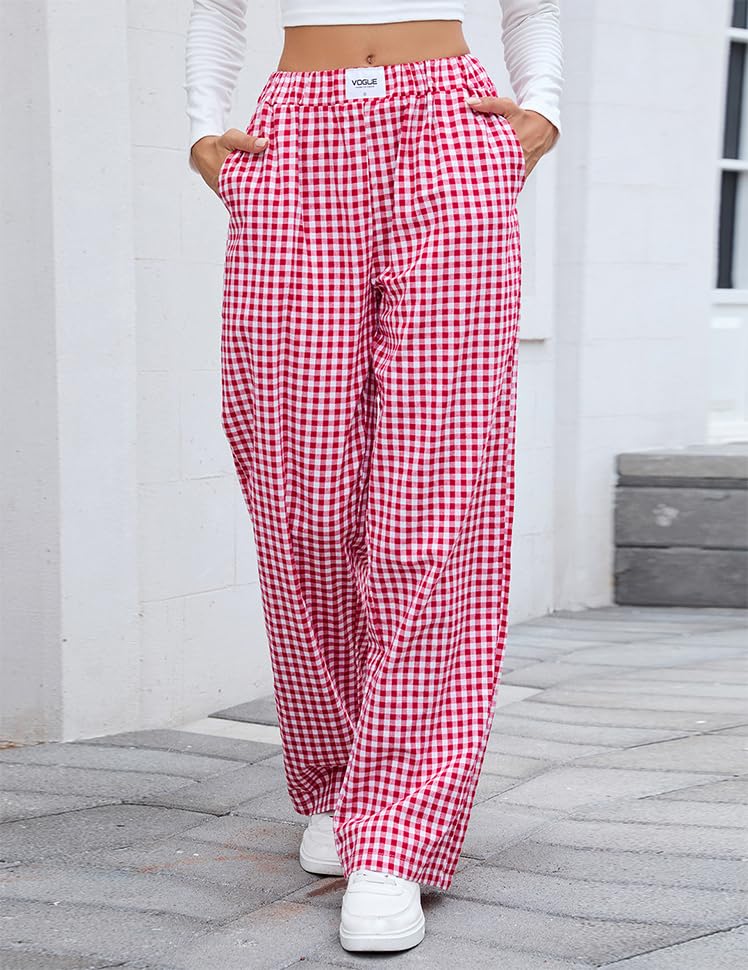 Women's Casual Elastic Waist Plaid Pants Trendy Pajama Pants Breathable Y2k Trousers with Pockets