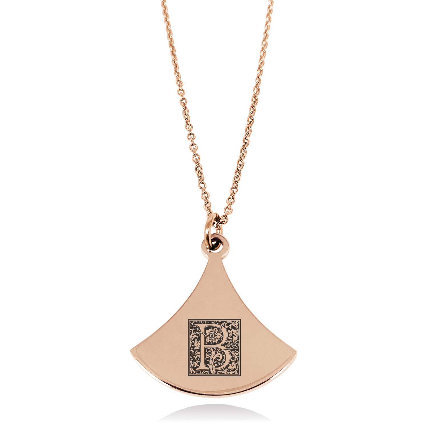 Rose Gold Plated Stainless Steel Letter B Initial Floral Box Monogram Pendulum Curved Triangle Charm Pendant Necklace