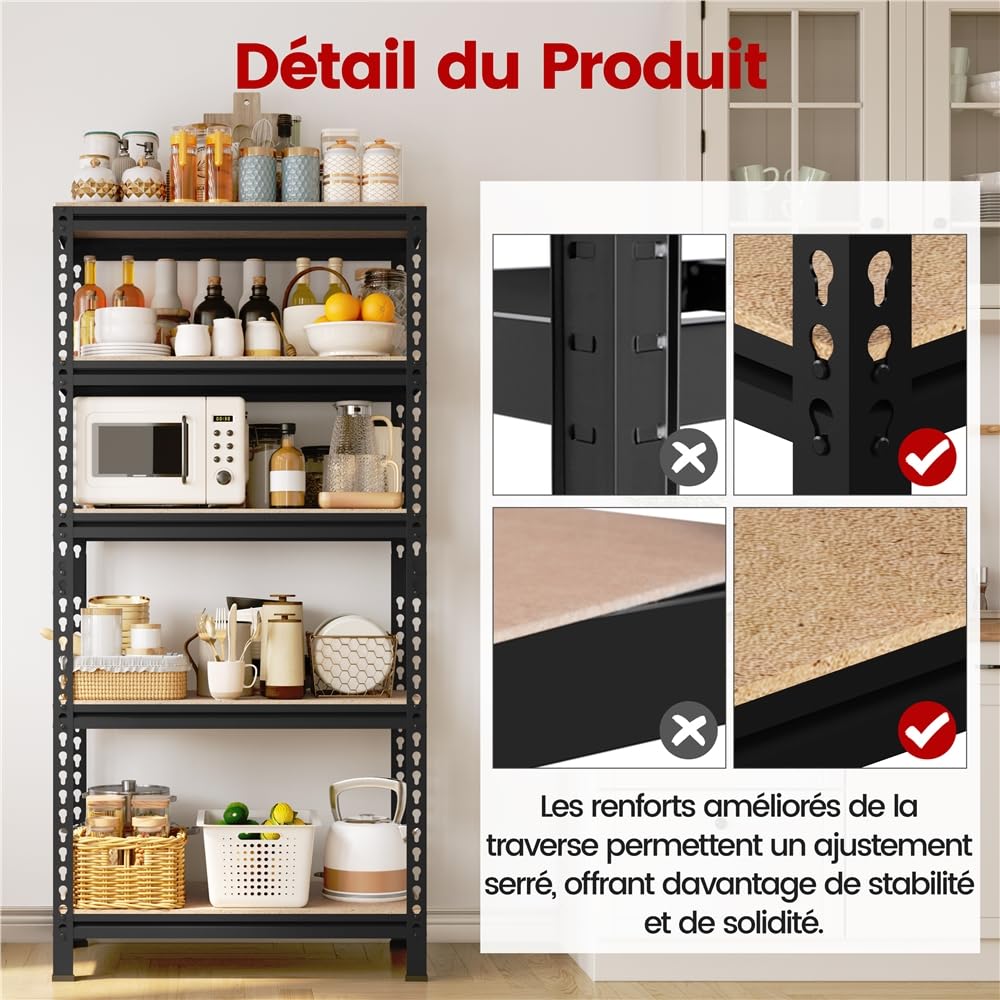 Yaheetech 5 Etagères de Rangement 150 x 70 x 30 cm Étagère Metallique Atelier/Garage/Cuisine Charge Lourde 130 kg par Niveau sans Boulons Noir