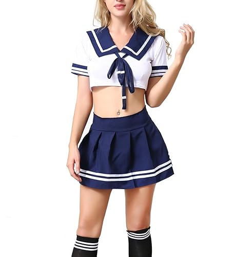 ANJAYLIA Women Lingerie Schoolgirls Outfit Lingerie Roleplay Cosplay Sailor Costumes with Socks - Blue