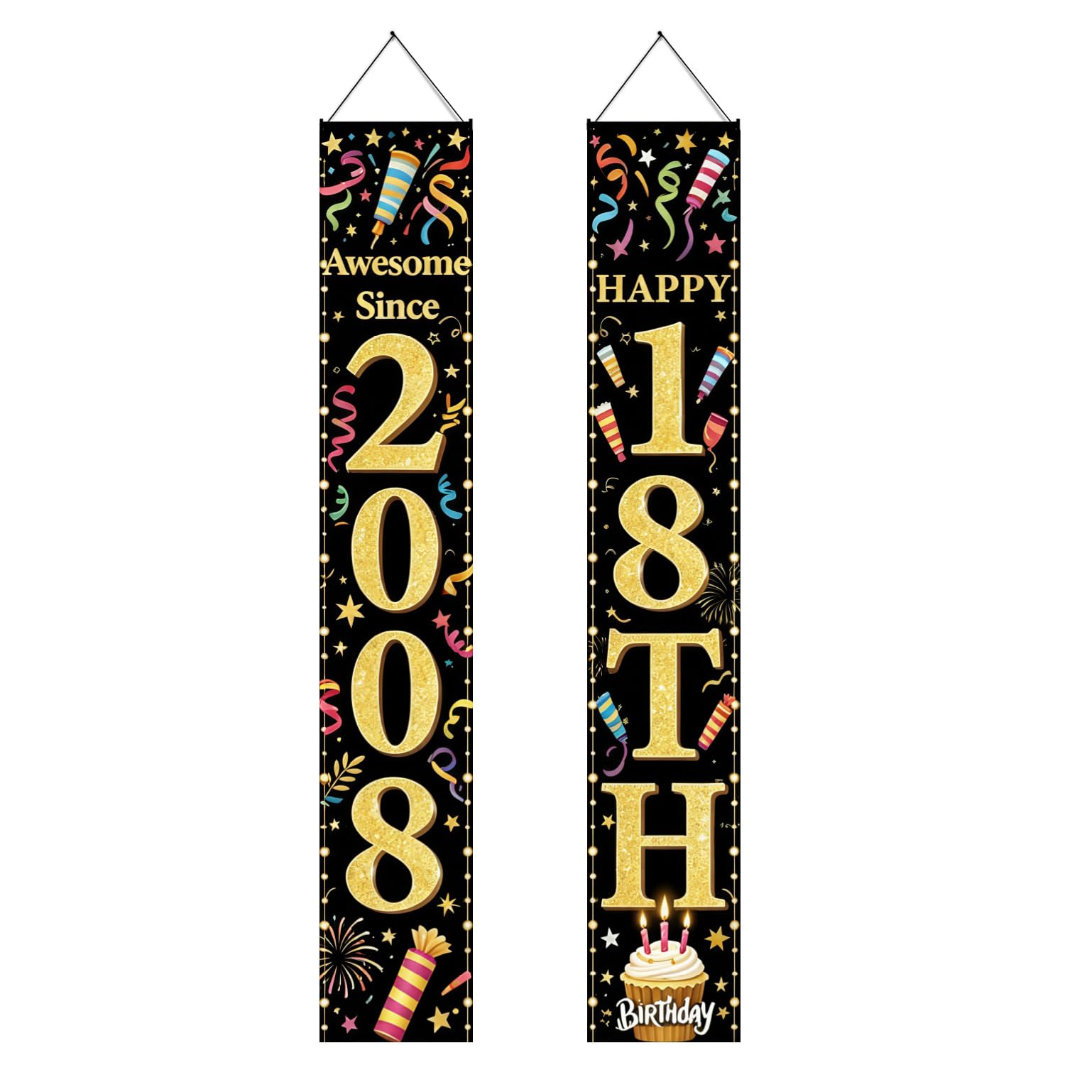 18th Birthday Gifts for Boys Girls - Black Gold Happy Birthday Banner, 18 Banner Decorations for Teenager Party Photo Background Decor, 180 × 30 cm
