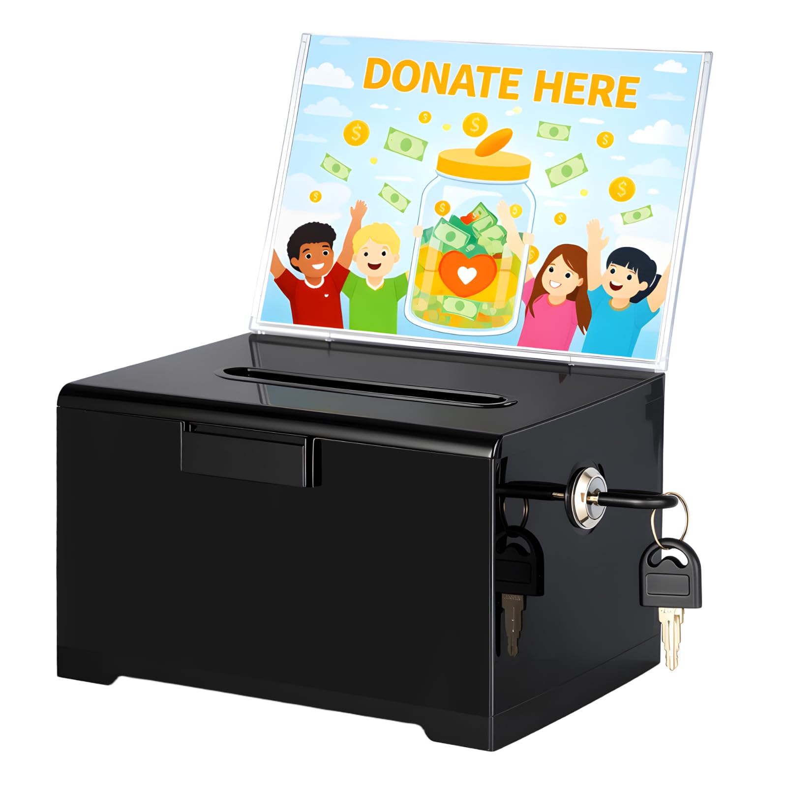 BLUE BAZAAR Acrylic Donation Box 15.7X11.6X10CM with Lock and Sign Holder Clear Ballot Box with Slot Plastic Suggestion Storage Container Display Case for Cash, Coins, Raffle Tickets (Black)