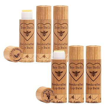 Bee Bella Lip Balm Combo Pack - Hydrating Lip Care, 100% Natural, Organic Beeswax with Vitamin E, Handmade in USA, 3 Each Peppermint, Lavender Vanilla, 6 Pack