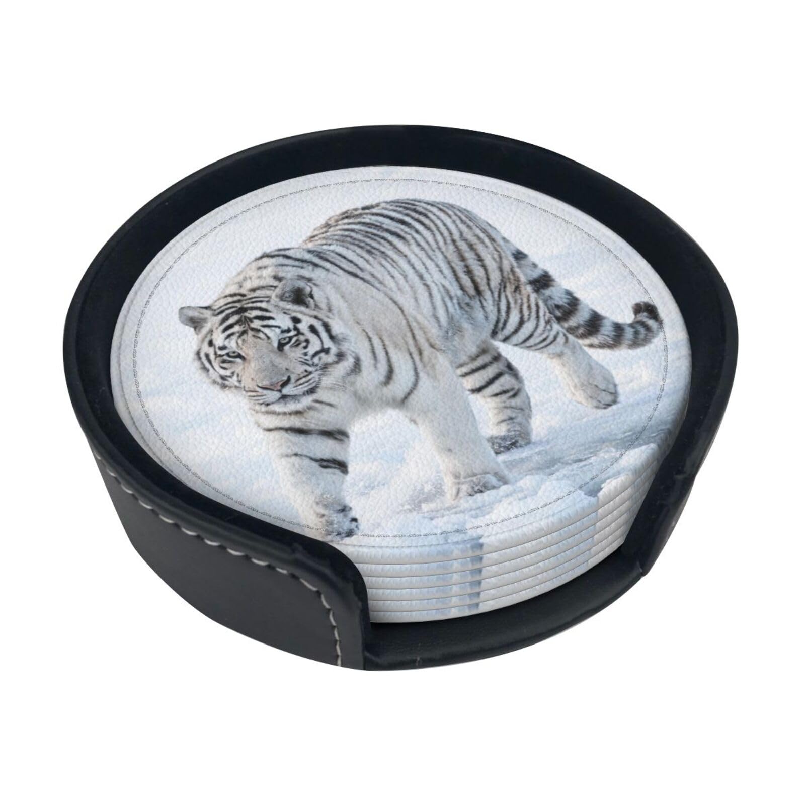Tiger Snow Walk Leather Coasters-Set of 6 with Storage Holder