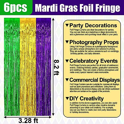 Image of 6 Pack Gold Green Purple Foil Fringe Curtain Backdrop, 3.28Ft x 8.2Ft Metallic Tinsel Foil Fringe Streamer Curtains for Photo Booth, Christmas Day, Thanksgiving, Wedding, New Year Party Decorations