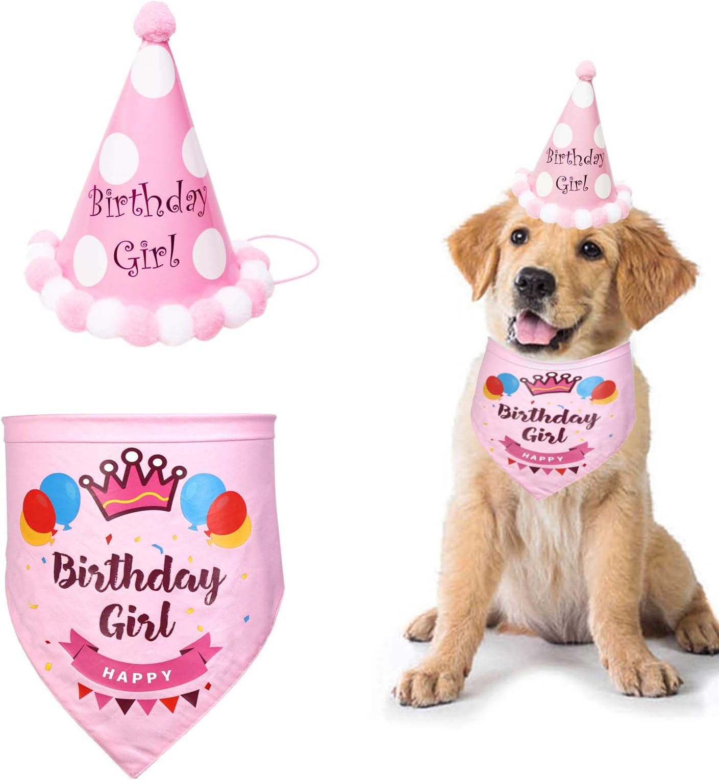 SUOXU Girl Dog Birthday Bandana,Cute Party Hat Cotton Triangle Scarf,Great Puppy Dog Birthday Outfit,Pet Happy Birthday Bandana Gift and Party Supplies Decoration Set