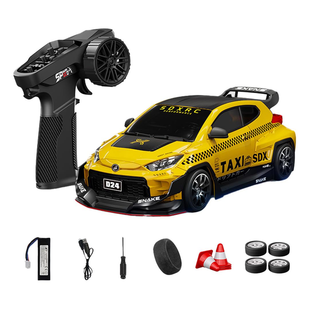 NULA 1:24 RC Drift Car, D24 RTR Full Proportional 4WD High Speed Remote Control Car with Gyro, Dual Drift Racing Tires, LED Light Effects for Adults- (S7 Racing Yellow / D24-04)