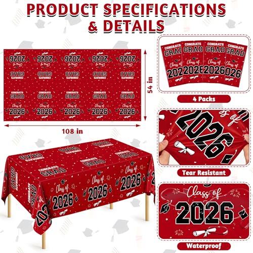Image of QZYL 4 Pack Graduation Table Cloth, 54 inch x 108 inch Red 2026 Graduation Table Decorations, Disposable Grad Party Decorations for College, Rectangle Plastic Tablecover for Class of 2026 Congrats Grad